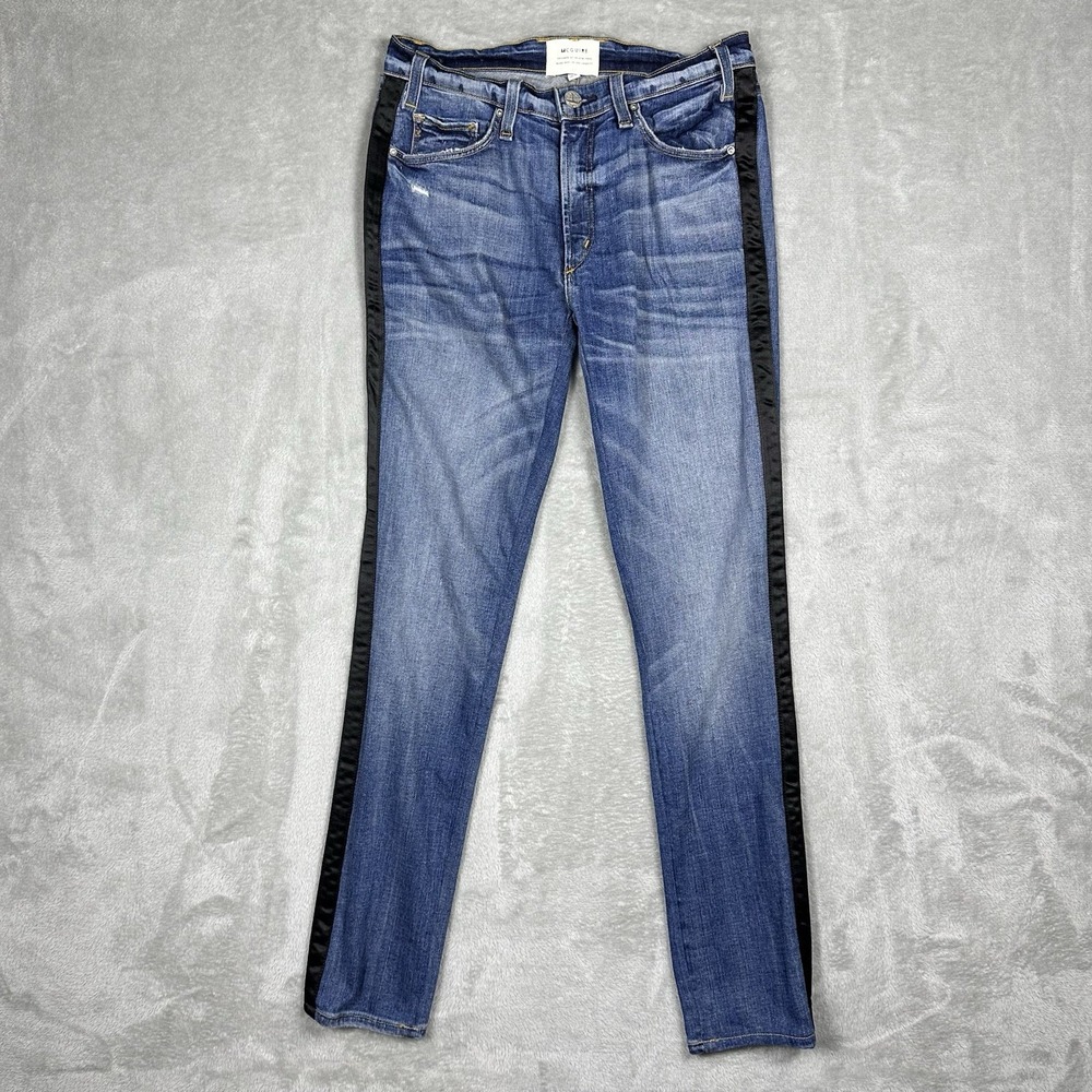 McGuire Denim Satin Tuxedo Stripe Jeans Women's 27 Modern Chic Skinny Black Trim - Picture 2 of 16